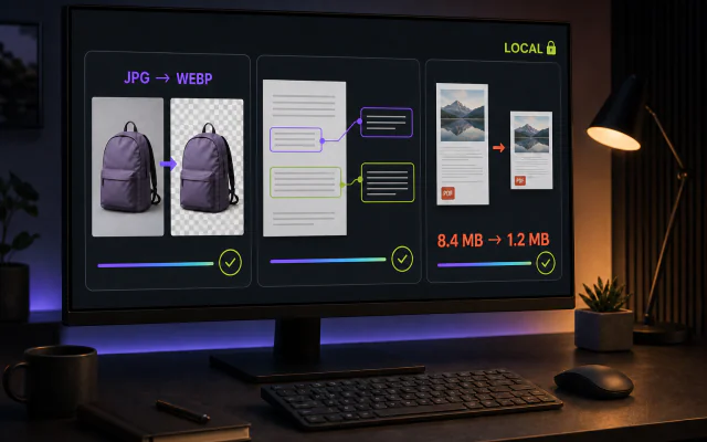 Masaüstü tarayıcıda arka plan kaldırma, OCR, format dönüştürme ve PDF sıkıştırma sonuçlarını gösteren Media Tools çalışma alanı